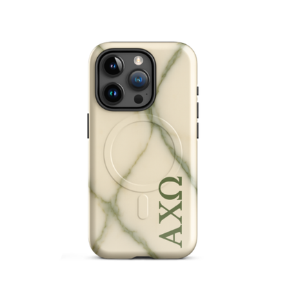 Alpha Chi Omega green marble iPhone 15 Pro case with MagSafe compatibility shown in close-up view on white background