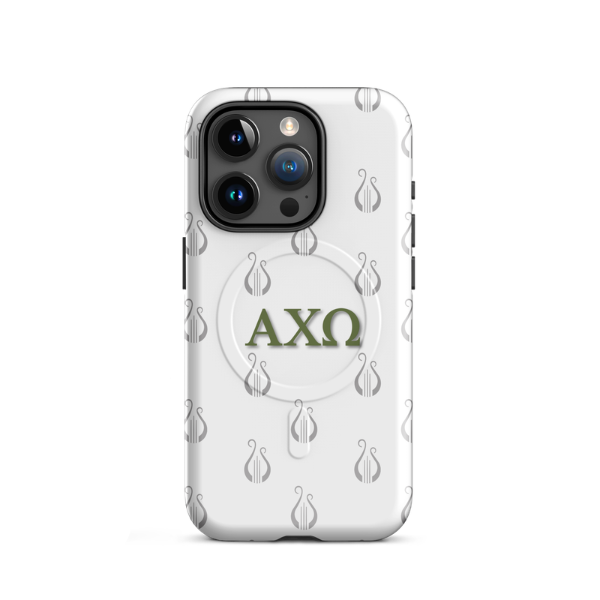 Alpha Chi Omega lyre pattern iPhone 15 Pro case with olive green Greek letters and MagSafe ring on white background