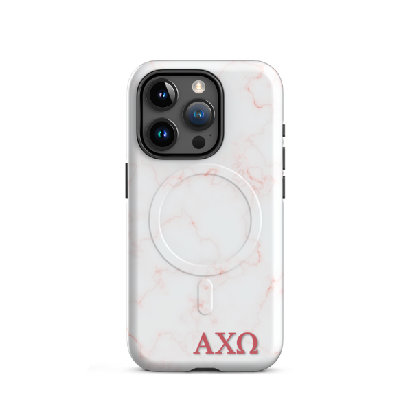 Alpha Chi Omega marble iPhone 15 Pro case with soft pink veining and red Greek letters AXO MagSafe compatible on white background