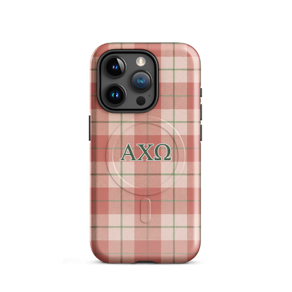 Alpha Chi Omega® MagSafe® tough case for iPhone® Plaid Design with Greek Letters