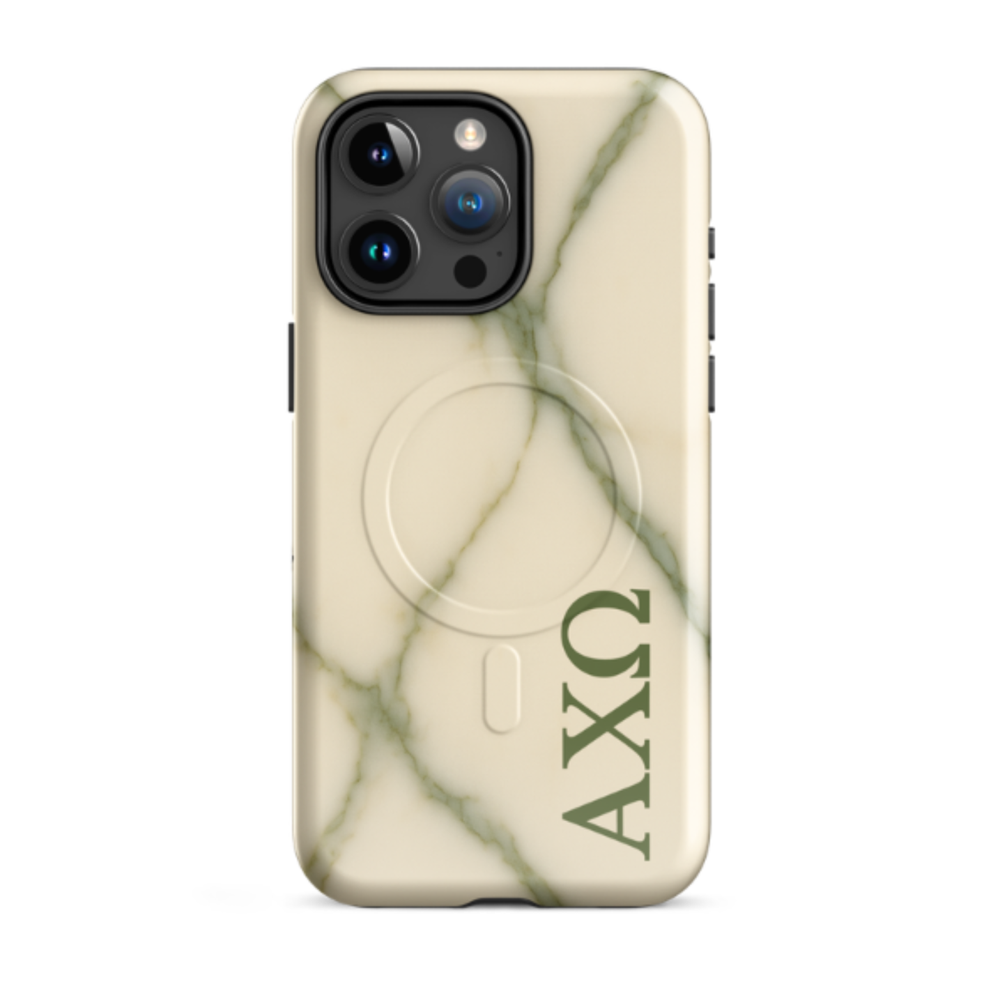 Alpha Chi Omega green marble iPhone 15 Pro Max case with MagSafe compatibility shown in close-up view on white background