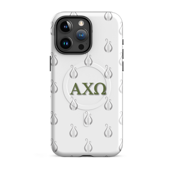 Alpha Chi Omega iPhone 15 Pro Max case with repeating lyre pattern olive green AXO letters MagSafe compatible on white background