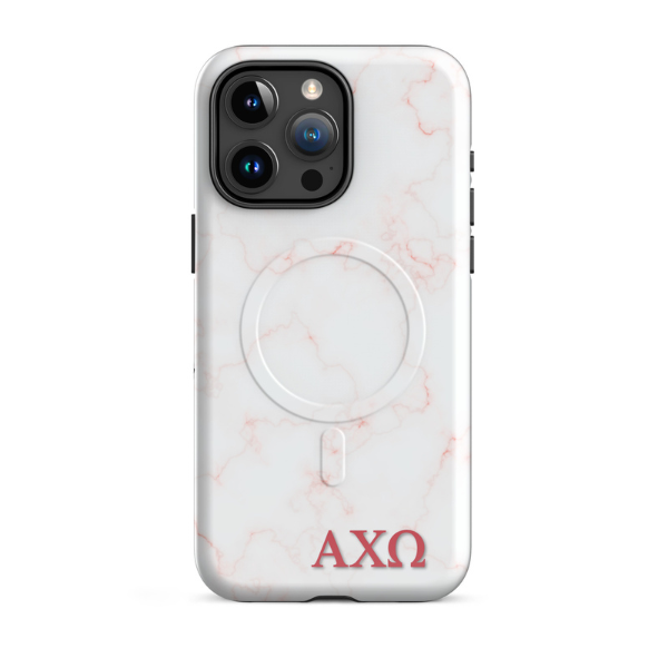 Alpha Chi Omega AXO iPhone 15 Pro Max case white marble design with pink veins and MagSafe ring close-up on white background