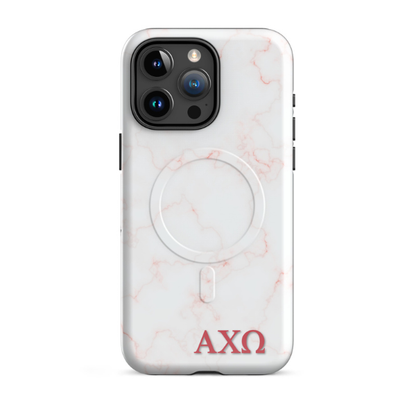 Alpha Chi Omega AXO iPhone 15 Pro Max case white marble design with pink veins and MagSafe ring close-up on white background