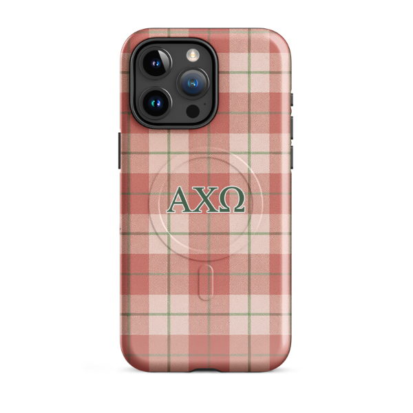 Alpha Chi Omega plaid iPhone 15 Pro Max case with red and green tartan pattern and olive green AXO Greek letters MagSafe compatible on white background