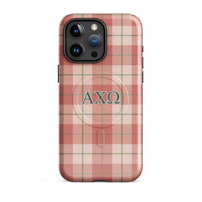 Alpha Chi Omega plaid iPhone 15 Pro Max case with red and green tartan pattern and olive green AXO Greek letters MagSafe compatible on white background