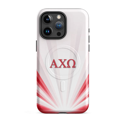 Alpha Chi Omega Radiant Sunburst iPhone 15 Pro Max MagSafe case featuring red AXO sorority letters on white