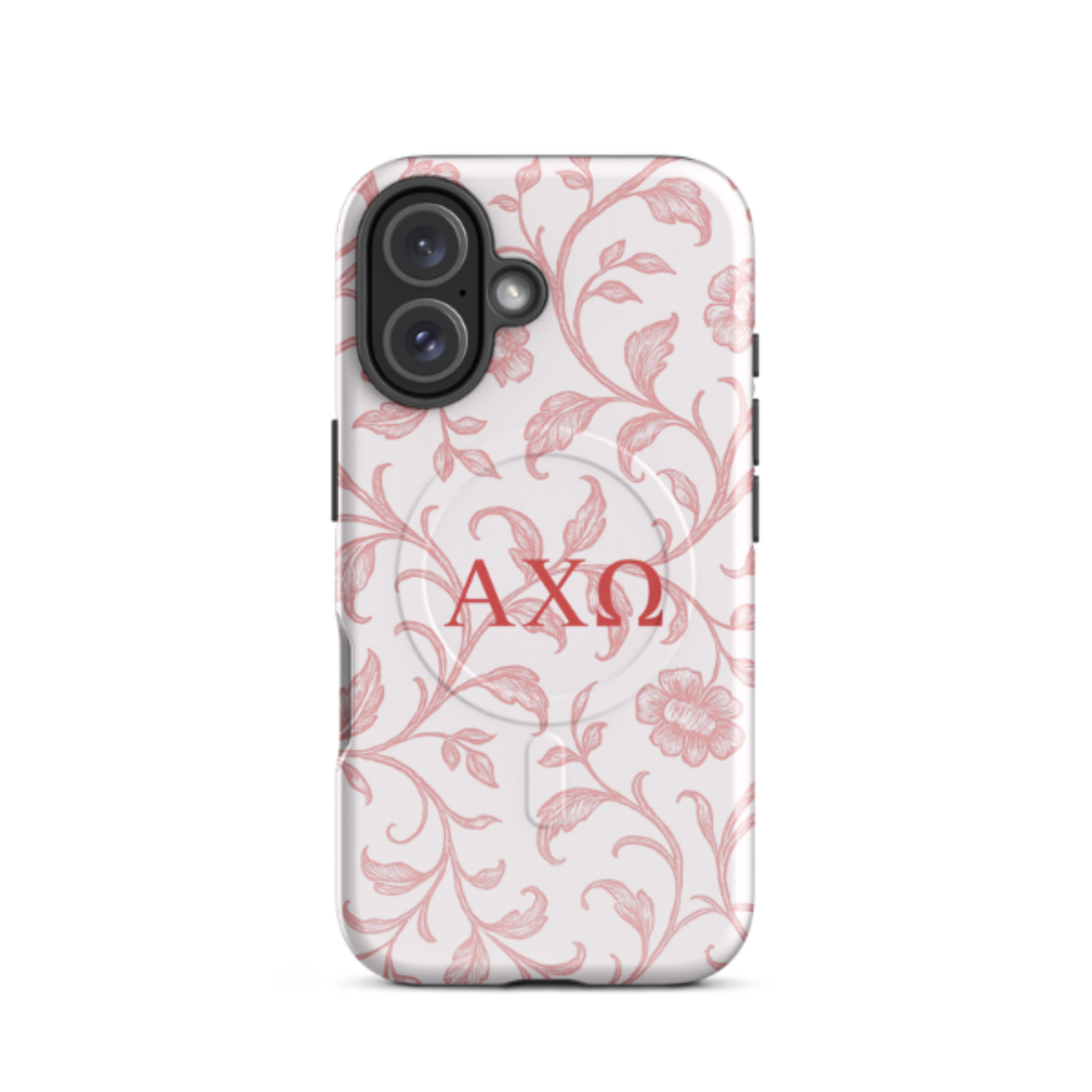 Alpha Chi Omega floral toile iPhone 16 case red vine pattern MagSafe compatible close-up on white background