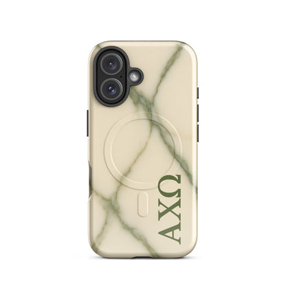 Alpha Chi Omega green marble iPhone 16 case with MagSafe compatibility shown in close-up view on white background