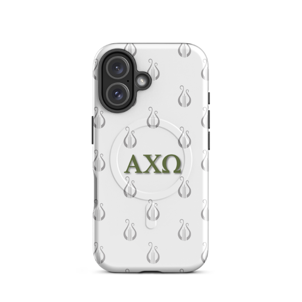 Alpha Chi Omega AXO iPhone 16 case olive green letters with lyre pattern MagSafe close-up on white background