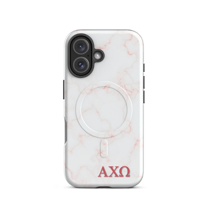 Alpha Chi Omega iPhone 16 case with blush marble pattern red AXO letters MagSafe compatible slim case on white background