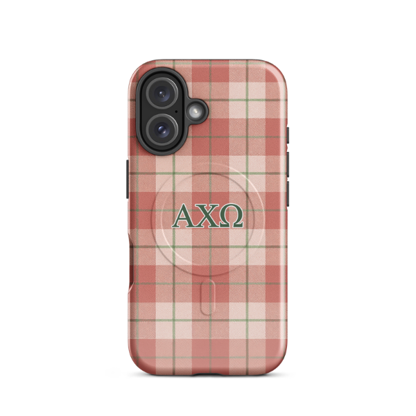 Alpha Chi Omega AXO iPhone 16 case red plaid tartan design with green lines and MagSafe ring close-up on white background