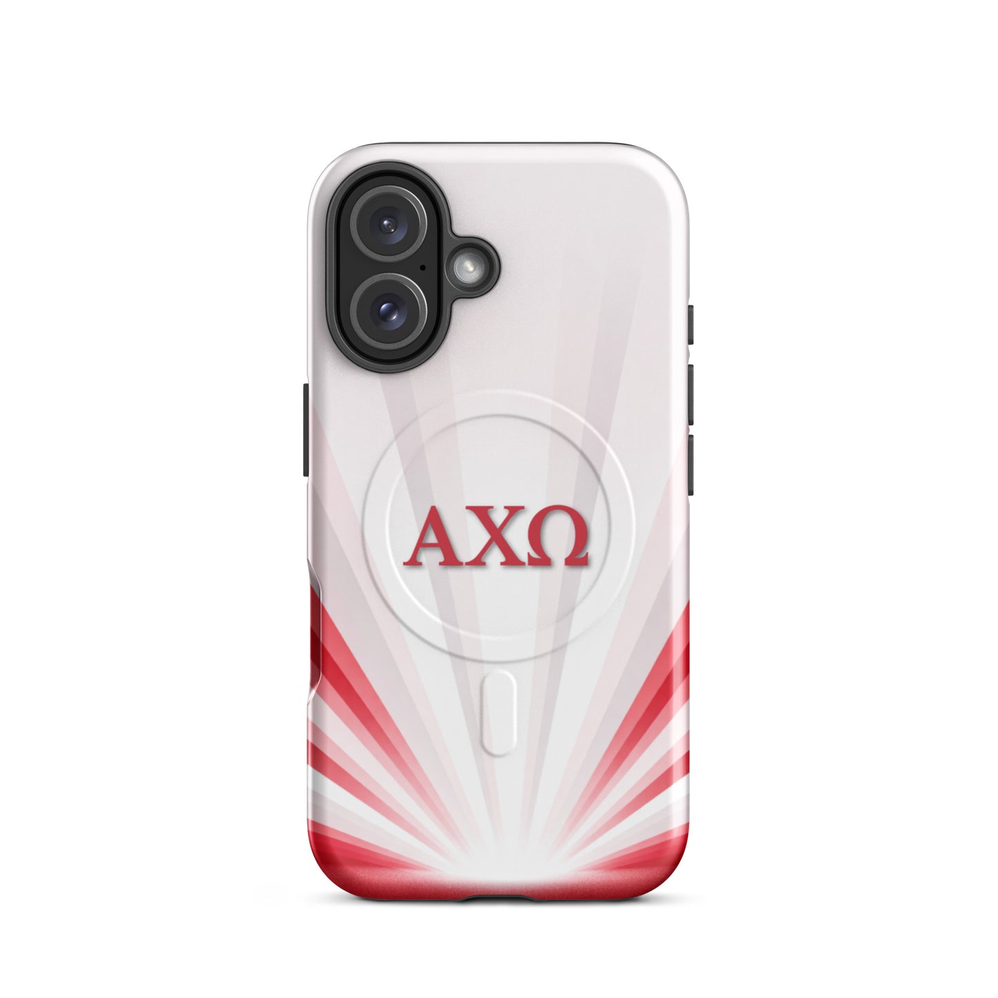 Alpha Chi Omega Radiant Sunburst iPhone 16 MagSafe case featuring red AXO sorority letters on white