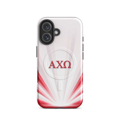 Alpha Chi Omega Radiant Sunburst iPhone 16 MagSafe case featuring red AXO sorority letters on white