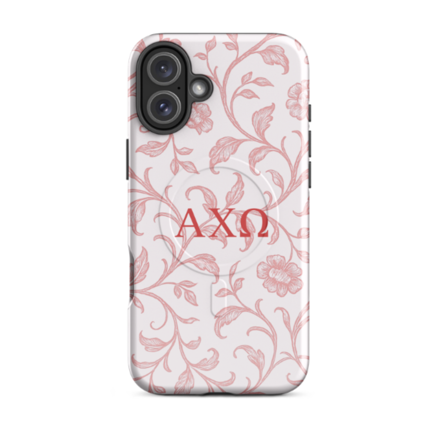 Alpha Chi Omega floral toile iPhone 16 Pluss case red vine pattern MagSafe compatible close-up on white background