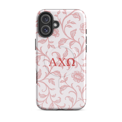 Alpha Chi Omega floral toile iPhone 16 Pluss case red vine pattern MagSafe compatible close-up on white background