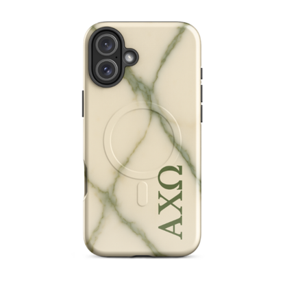 Alpha Chi Omega green marble iPhone 16 Plus case with MagSafe compatibility shown in close-up view on white background