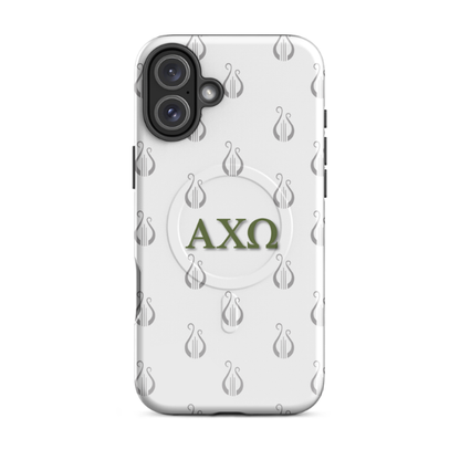 Alpha Chi Omega lyre pattern iPhone 16 Plus case with olive green Greek letters and MagSafe ring on white background