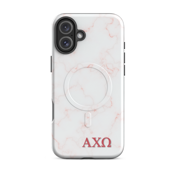 Alpha Chi Omega marble iPhone 16 Plus case with soft pink veining and red Greek letters AXO MagSafe compatible on white background