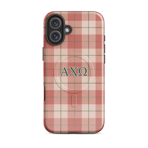 Alpha Chi Omega® MagSafe® tough case for iPhone® Plaid Design with Greek Letters