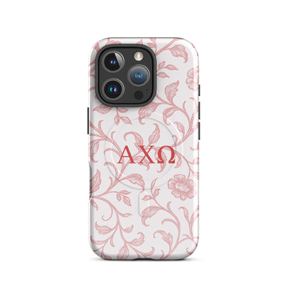 Alpha Chi Omega floral toile iPhone 16 Pro case red vine pattern MagSafe compatible close-up on white background
