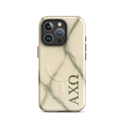 Alpha Chi Omega green marble iPhone 16 Pro case with MagSafe compatibility shown in close-up view on white background