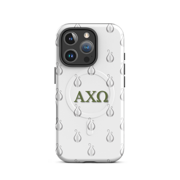 Alpha Chi Omega iPhone 16 Pro case with repeating lyre pattern olive green AXO letters MagSafe compatible on white background
