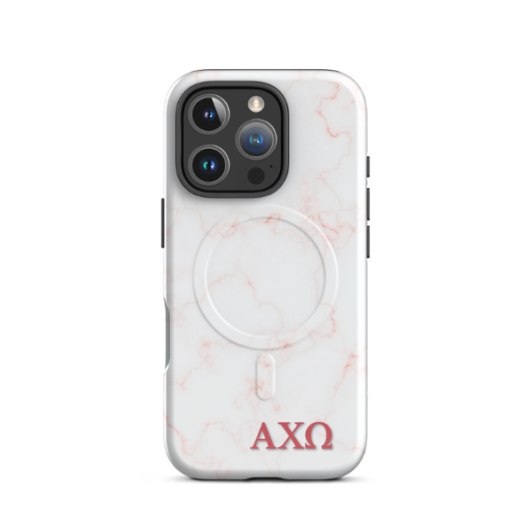 Alpha Chi Omega AXO iPhone 16 Pro case white marble design with pink veins and MagSafe ring close-up on white background