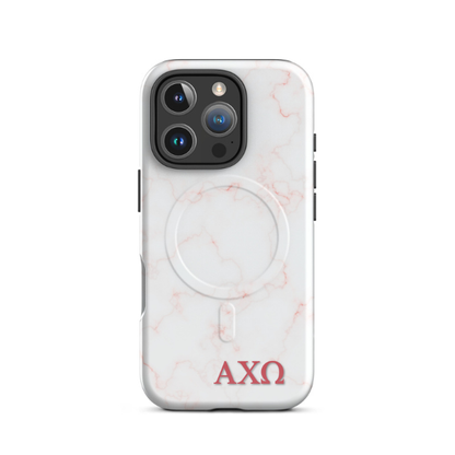 Alpha Chi Omega AXO iPhone 16 Pro case white marble design with pink veins and MagSafe ring close-up on white background