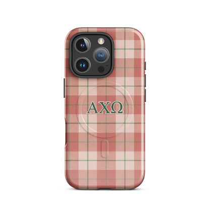 Alpha Chi Omega iPhone 16 Pro case with red and cream plaid pattern green AXO letters MagSafe compatible slim case on white background