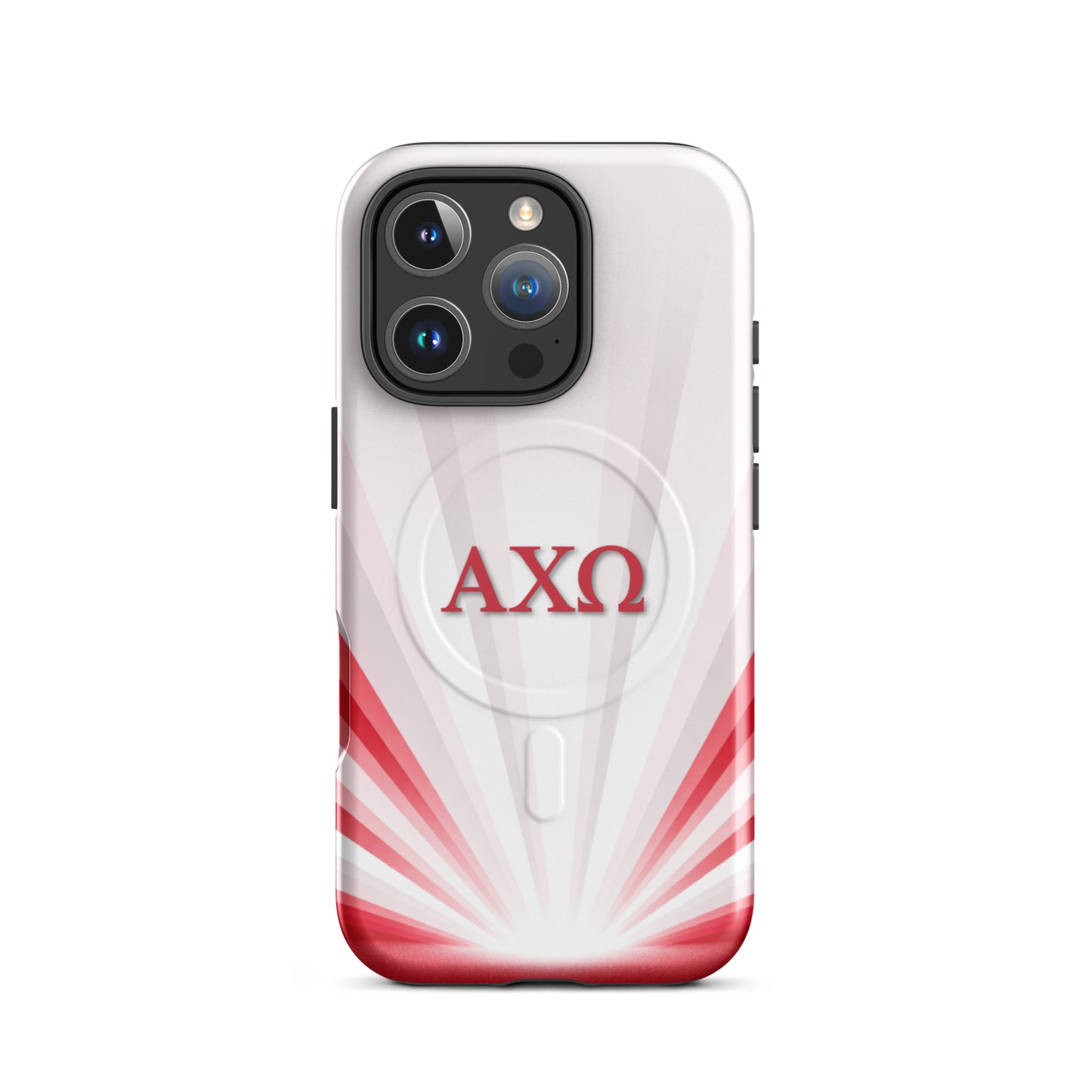 Alpha Chi Omega Radiant Sunburst iPhone 16 Pro MagSafe case featuring red AXO sorority letters on white