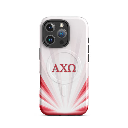 Alpha Chi Omega Radiant Sunburst iPhone 16 Pro MagSafe case featuring red AXO sorority letters on white