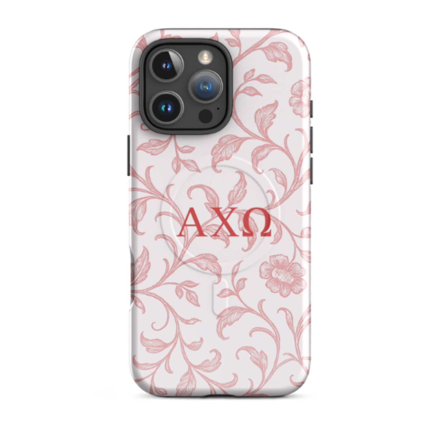 Alpha Chi Omega floral toile iPhone 16 Pro Max case red vine pattern MagSafe compatible close-up on white background
