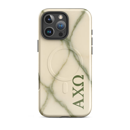 Alpha Chi Omega green marble iPhone 6 Pro Max case with MagSafe compatibility shown in close-up view on white background