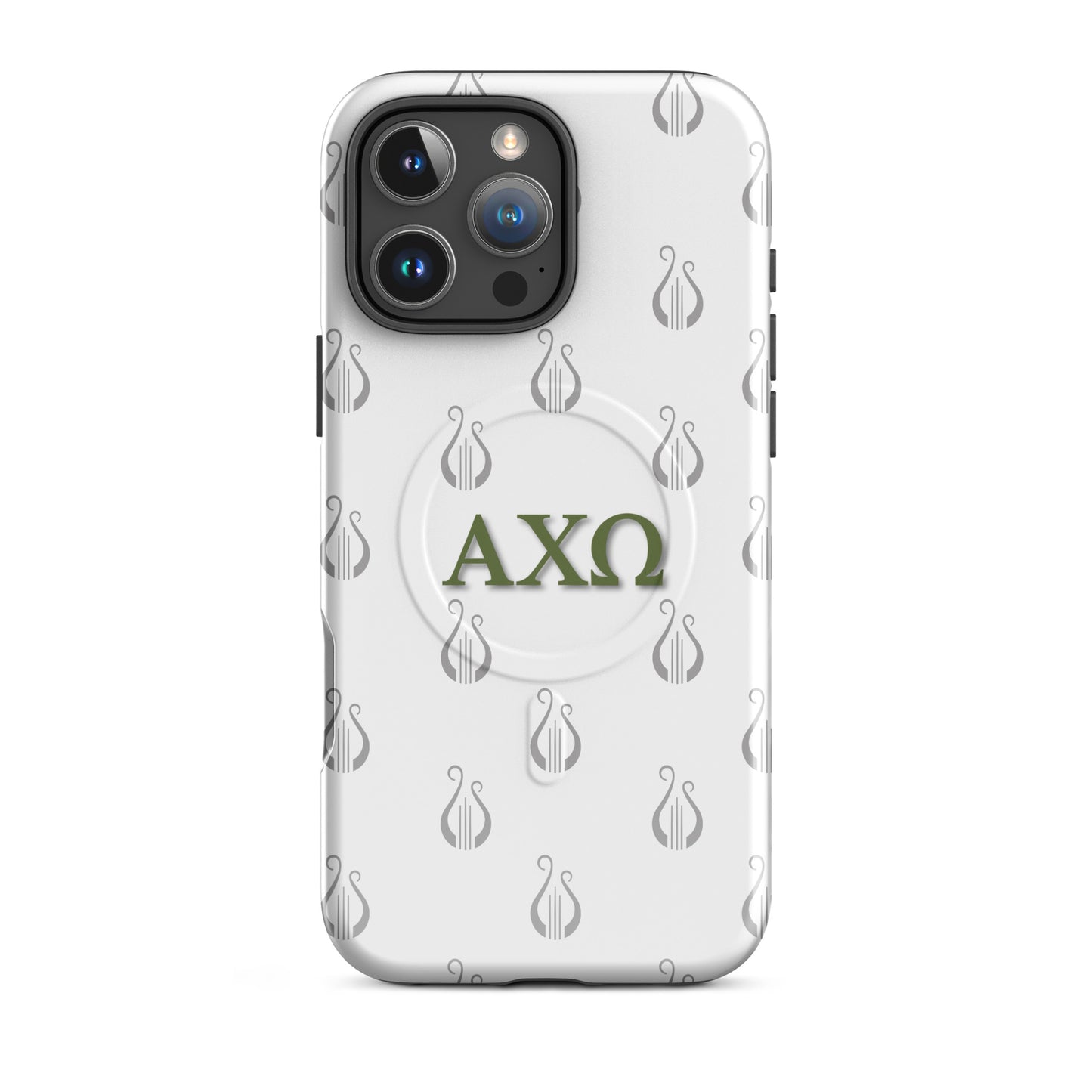 Alpha Chi Omega AXO iPhone 16 Pro Max case olive green letters with lyre pattern MagSafe close-up on white background