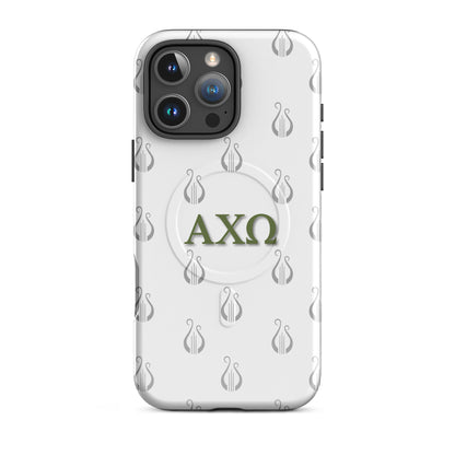 Alpha Chi Omega AXO iPhone 16 Pro Max case olive green letters with lyre pattern MagSafe close-up on white background
