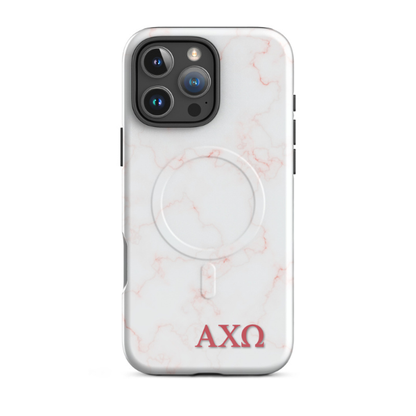 Alpha Chi Omega iPhone 16 Pro Max case with blush marble pattern red AXO letters MagSafe compatible slim case on white background