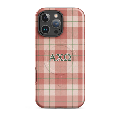 Alpha Chi Omega plaid iPhone 16 Pro Max case with red and green tartan pattern and olive green AXO Greek letters MagSafe compatible on white background