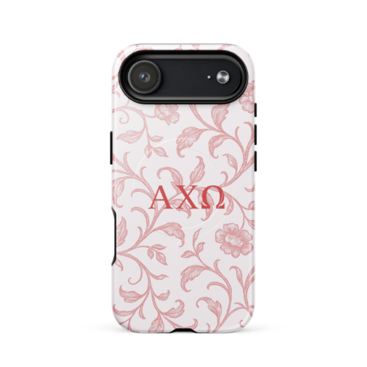 Alpha Chi Omega floral toile iPhone 17 Air case red vine pattern MagSafe compatible close-up on white background