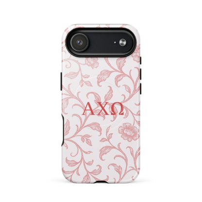 Alpha Chi Omega floral toile iPhone 17 Air case red vine pattern MagSafe compatible close-up on white background