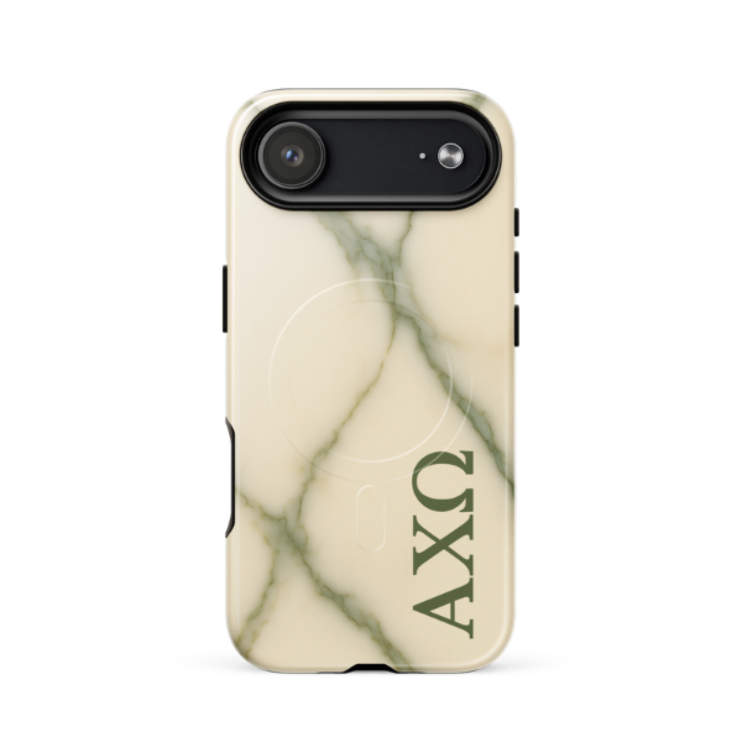 Alpha Chi Omega green marble iPhone 17 Air case with MagSafe compatibility shown in close-up view on white background