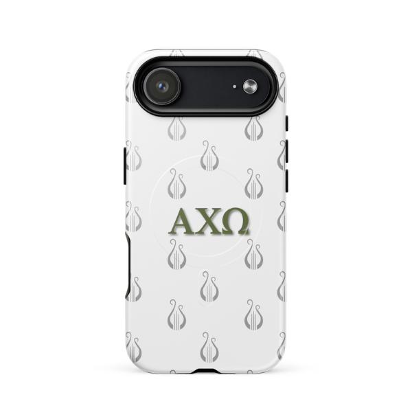 Alpha Chi Omega iPhone 17 Air case with repeating lyre pattern olive green AXO letters MagSafe compatible on white background