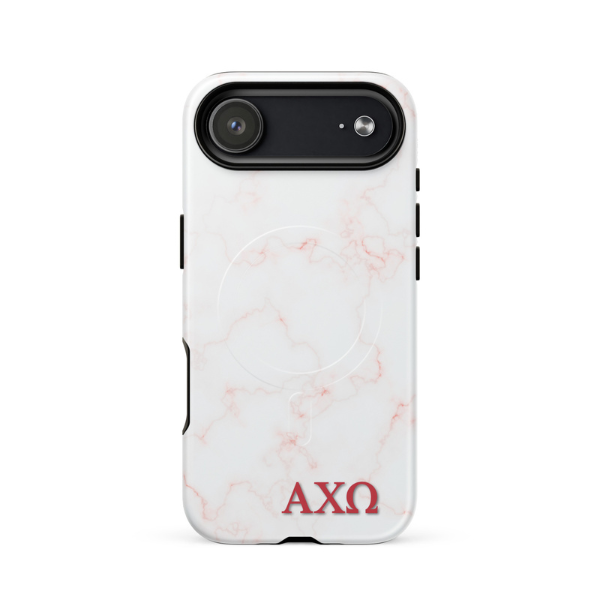 Alpha Chi Omega AXO iPhone 17 Air case white marble design with pink veins and MagSafe ring close-up on white background