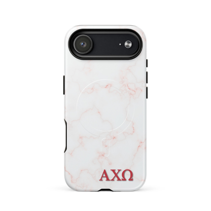 Alpha Chi Omega AXO iPhone 17 Air case white marble design with pink veins and MagSafe ring close-up on white background