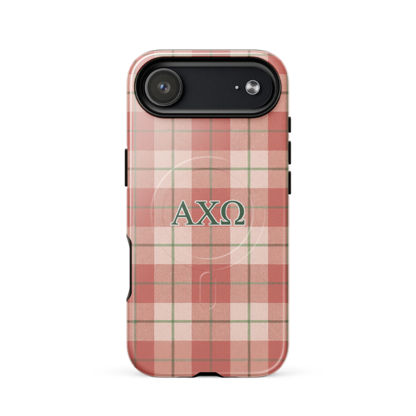 Alpha Chi Omega iPhone 17 Air case with red and cream plaid pattern green AXO letters MagSafe compatible slim case on white background