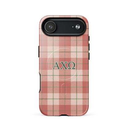 Alpha Chi Omega iPhone 17 Air case with red and cream plaid pattern green AXO letters MagSafe compatible slim case on white background