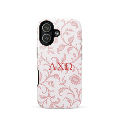 Alpha Chi Omega floral toile iPhone 17 case red vine pattern MagSafe compatible close-up on white background