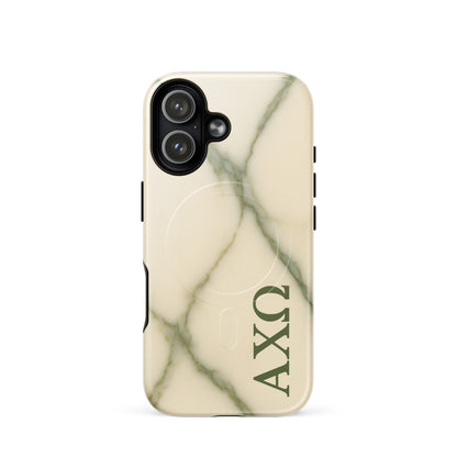 Alpha Chi Omega green marble iPhone 17 case with MagSafe compatibility shown in close-up view on white background