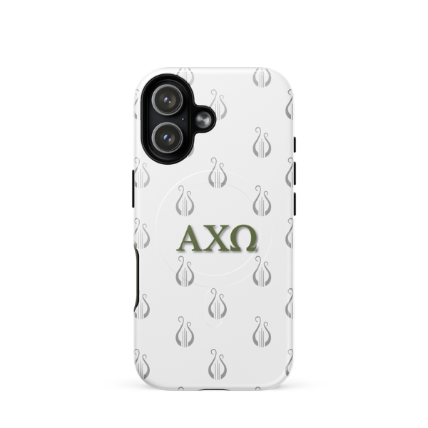 Alpha Chi Omega lyre pattern iPhone 17 case with olive green Greek letters and MagSafe ring on white background