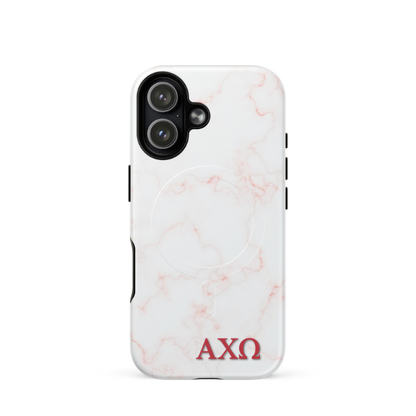 Alpha Chi Omega marble iPhone 17 case with soft pink veining and red Greek letters AXO MagSafe compatible on white background